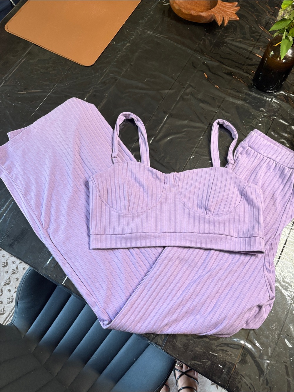 SHEIN Ribbed Lavender Two-Piece Lounge Bralette & Pants Set